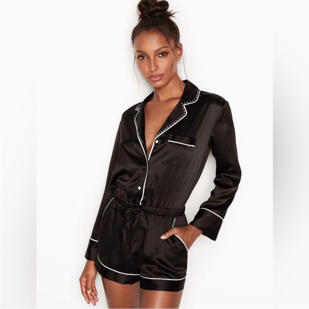 womens S Victoria Secret long sleeve romper pajama rhinestone sexy NWT SILKY S